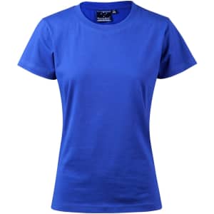 A ladies' cotton semi-fitted tee in vibrant blue with a round neckline and short sleeves. Features a logo.