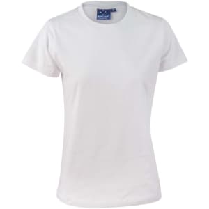 A white ladies' cotton semi-fitted tee, featuring a crew neck and short sleeves. It has a logo on the label.