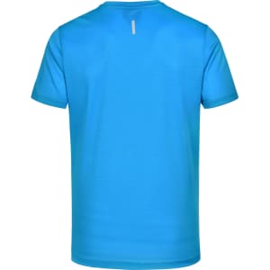 A blue short-sleeve t-shirt featuring a simple design and a logo on the back.