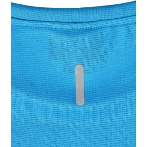 A blue short-sleeved performance t-shirt featuring a rectangular tab on the back and textured fabric.