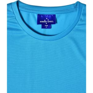 A light blue men's short-sleeve performance T-shirt featuring a textured fabric and a brand label.