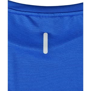 A blue men's short-sleeve performance T-shirt with a subtle logo detail on the back.