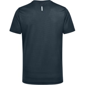 A men's short-sleeve performance tee in navy blue, featuring a logo on the back. Lightweight design suitable for activewear.