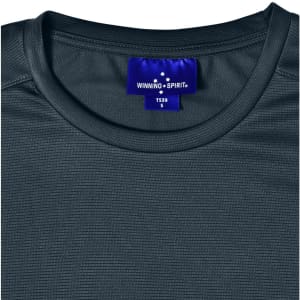 A close-up of a dark grey men's lightweight performance short-sleeve tee with a logo tag at the neckline.