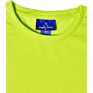 A bright lime green short-sleeve t-shirt with a tag featuring a logo.