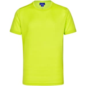 A bright lime green men's short-sleeve performance T-shirt with a logo.