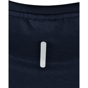 A navy blue short-sleeve performance tee featuring a logo on the back collar.