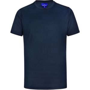 A navy men's ultra lightweight performance short sleeve tee with a logo on the neckline.