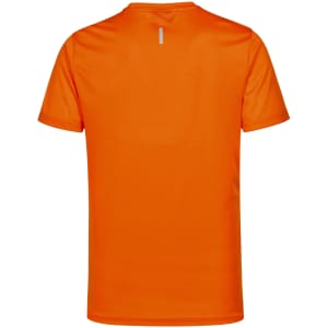 An orange short-sleeve performance t-shirt with a reflective detail at the back and a logo.