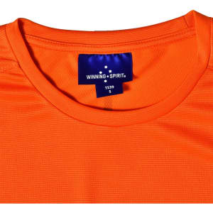 An orange short-sleeve performance tee with a neckline label and a logo.