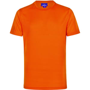 An orange short-sleeve performance tee with a round neckline and a logo on the label.