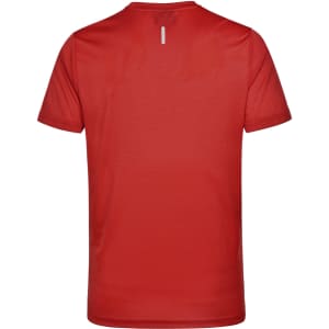 A red men’s ultra light weight performance T-shirt with short sleeves and a small logo on the back.