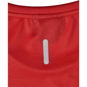 A close-up of a red ultra-lightweight performance T-shirt featuring a small logo on the back.