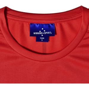 A close-up of a red men's ultra-lightweight performance short-sleeve tee with a branding label on the neckline.