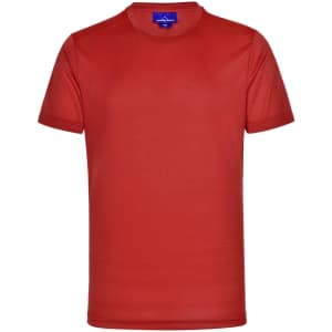 A red short-sleeved performance t-shirt for men with a logo on the upper part.
