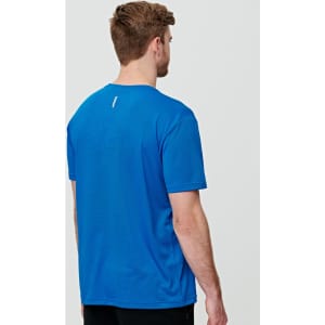 A blue men's ultra lightweight performance short sleeve tee featuring a logo on the back.
