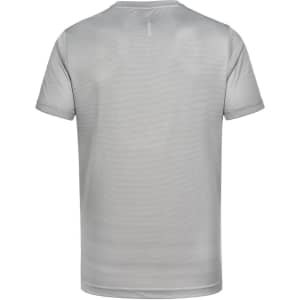 A light grey men's short-sleeve performance T-shirt featuring a logo on the back.