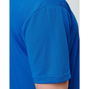 A close-up of a men's short-sleeve T-shirt in vibrant blue, featuring a subtle textured pattern.
