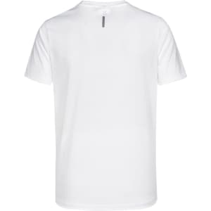 A white men's short sleeve performance T-shirt featuring a logo on the back.