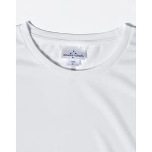 A white men's short sleeve performance T-shirt with a branded label on the neckline.