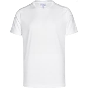 A white short-sleeve performance t-shirt with a logo on the chest. Ideal for athletic and casual wear.