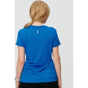A blue ladies' short sleeve performance T-shirt featuring a logo on the back.