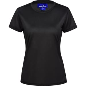 A black ladies' short-sleeve performance T-shirt with a round neckline and a branded label.