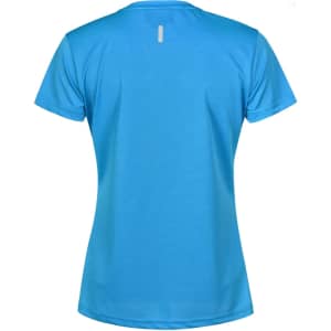 A blue ladies' short sleeve performance t-shirt with a plain back design. Features a logo on the fabric.