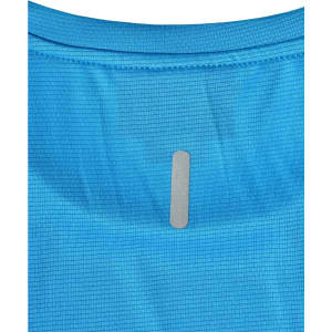 A blue ultra lightweight women's performance T-shirt with a textured pattern and a logo on the back.