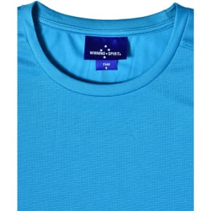 A light blue performance T-shirt with a crew neck and a logo on the label. The fabric appears breathable and smooth.