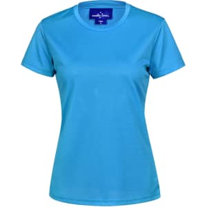A turquoise short-sleeved women's performance T-shirt with a crew neckline and a logo on the label.