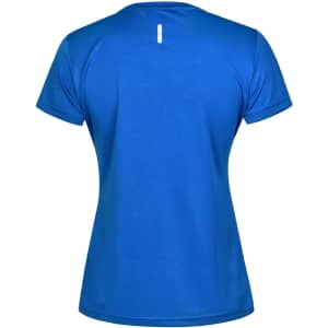 A blue women's performance short-sleeve t-shirt featuring a back slit detail and a logo.