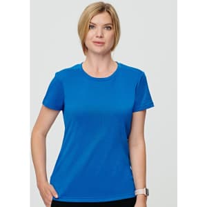A blue women’s ultra light weight performance short sleeve t-shirt with a logo.