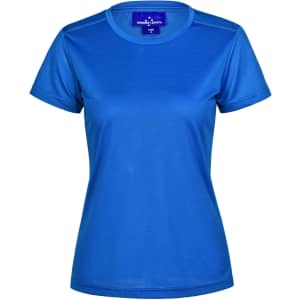 A blue short-sleeve women's performance t-shirt with a smooth texture and fitted design. It includes a logo.