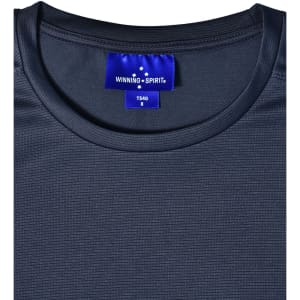 A navy blue ultra lightweight performance T-shirt with a tag featuring a logo.