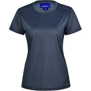 A women's short-sleeved performance tee in dark blue, featuring a lightweight fabric and a logo.