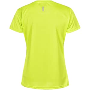 A bright yellow women's short-sleeve performance t-shirt with a logo on the back.