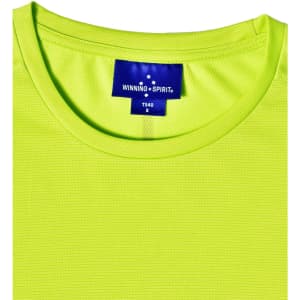 A bright lime green short-sleeve performance t-shirt with a textured fabric and a logo on the neckline.