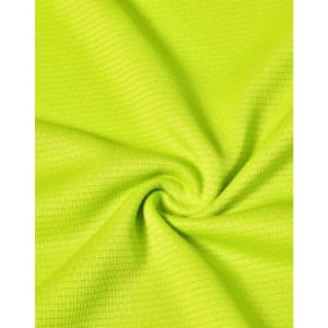 A close-up of lightweight, textured fabric in vibrant lime green, suitable for performance t-shirts.