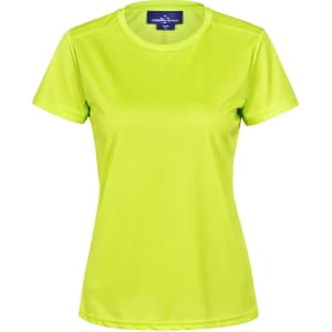 A bright lime green ladies' short-sleeve performance tee with a branding logo on the neckline.