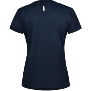 A navy blue ladies' short sleeve performance T-shirt featuring a subtle back detail and a logo.