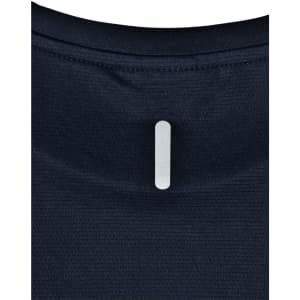 A navy blue lightweight performance T-shirt with a branding logo on the back neck area.