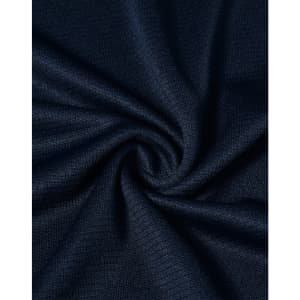 A close-up of navy blue textured fabric, displaying a smooth, lightweight weave. The fabric has a logo present.