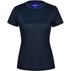 A navy blue ladies' short sleeve performance t-shirt featuring a logo on the neckline.