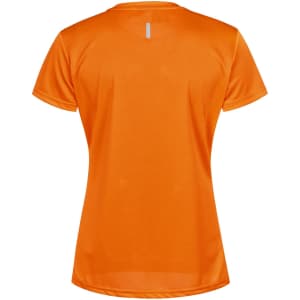 An orange lightweight short-sleeve women's performance t-shirt featuring a small reflective logo on the back.