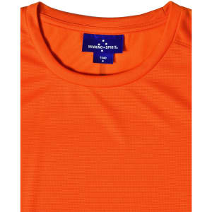 An orange ladies' performance T-shirt featuring a round neckline and a logo tag.