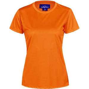 An orange ladies' short sleeve performance T-shirt with a logo at the neckline.