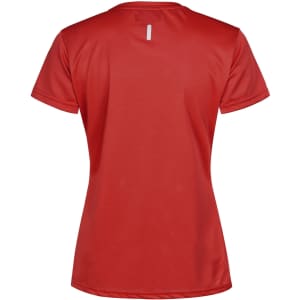 A red ladies' ultra lightweight performance short-sleeve tee with a logo on the back.