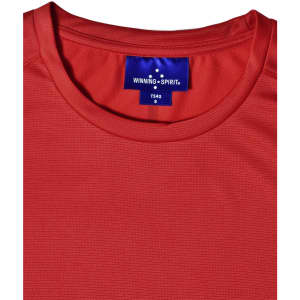 A red lightweight performance women's T-shirt with a round neckline and a logo on the label.