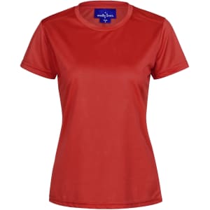 A red ladies' lightweight performance short sleeve tee with a logo on the neckline.